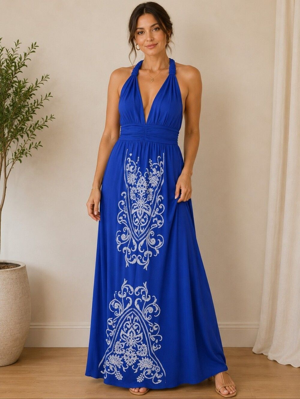 Blue Halter Maxi Dress with White Embroidery By EVogues